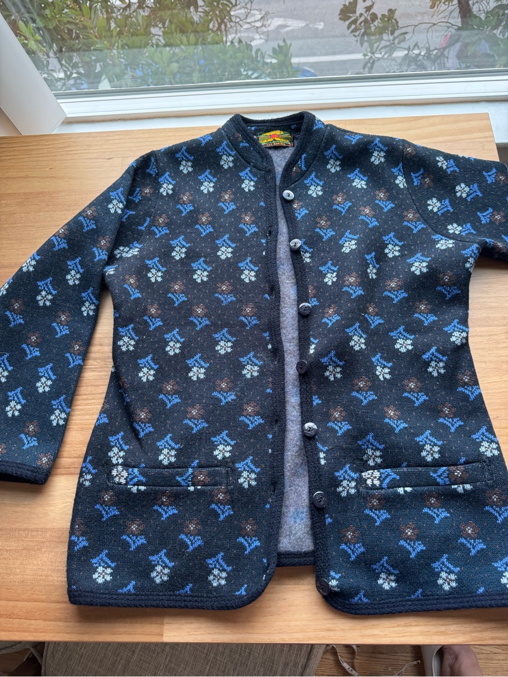 Navy Blue & Brown Floral Knit Button-Front Jacket Cardigan Sweater Fall Layering